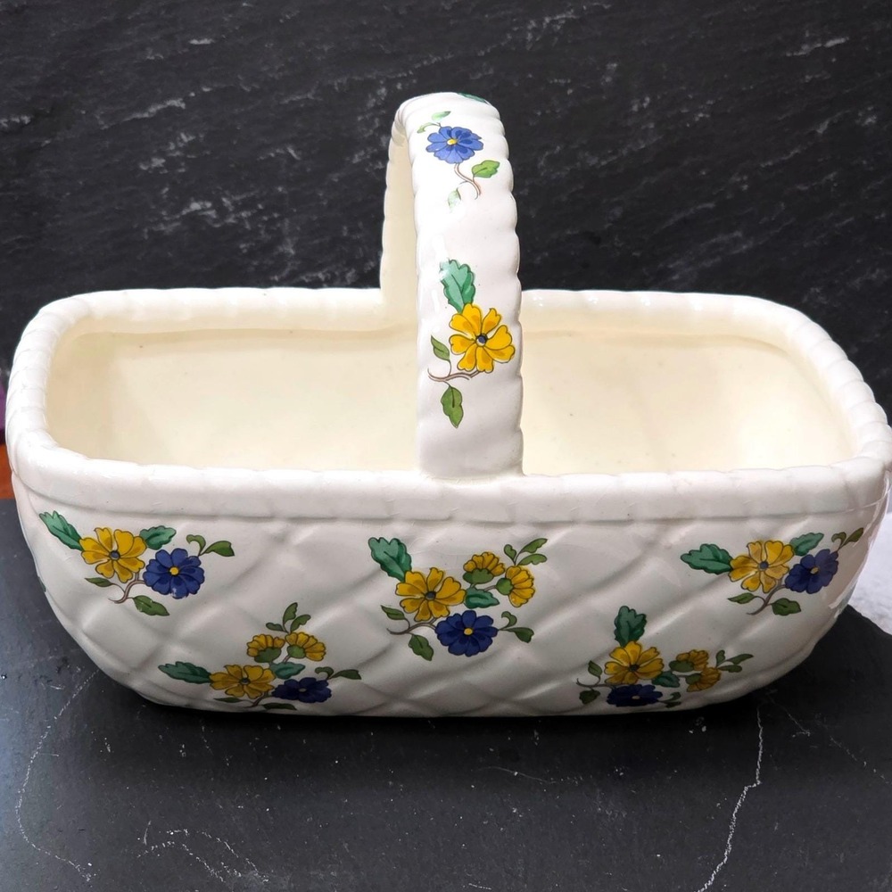 Elizabeth Arden Vintage Ceramic Floral Basket Planter Made in Japan Blue Yellow